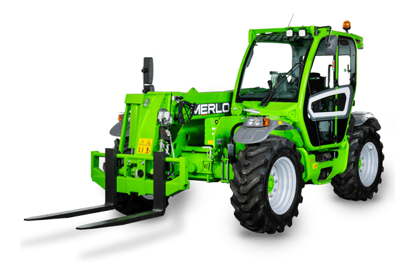 Merlo Turbofarmer 38.10 starre verreiker uitgerust met vorken op transparante achtergrond.